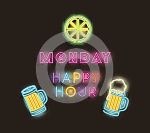 Happy hour with bar set icons fonts neon lights