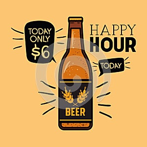 Happy hour beers label with bottle