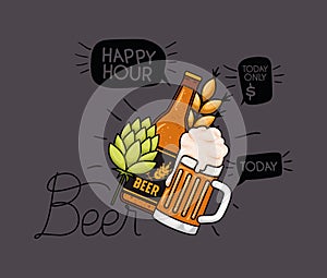 Happy hour beers label with jar and bottle