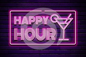 Happy hour cocktail glowing purple violet neon text on brick wall photo