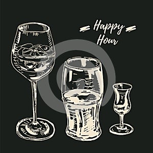 Happy hour drinks set. Vector illustration, chalk on blackboard style. Wine glass with a cocktail, beer glass, grappa