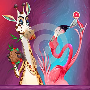 Happy Hour between giraffe and flamingo photo