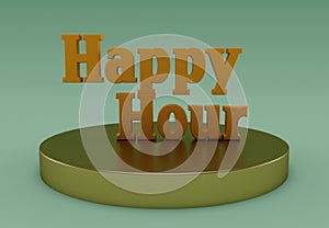 Happy Hour gold color, 3d rendering of happy hour at the bar, minimal lettering with alarmclock