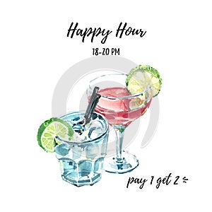 Happy hour hand drawn watercolor illustration with two cocktails. Cosmopolitan and moscow mule fresh cocktails garnished