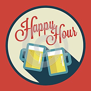 Happy hour illustration with beer over vintage background