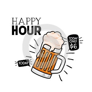 Happy hour label with beer isolated icon