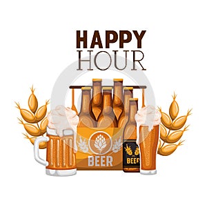 Happy hour label with box and beer bottles