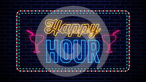 Happy Hour Lettering Glowing Light Neon Sign With Dotted And Dashed Border Lines On Dark Blue Brick Wall