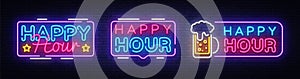 Happy Hour neon banner collection vector design template. Happy Hour neon text, light banner design element colorful