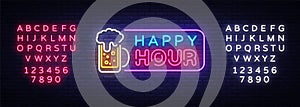 Happy Hour neon banner vector design template. Happy Hour neon text, light banner design element colorful modern design