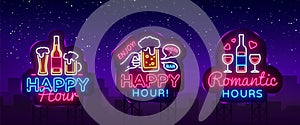 Happy Hour neon sign collection vector. Happy Hour Design template neon sign, Night Dinner, celebration light banner photo