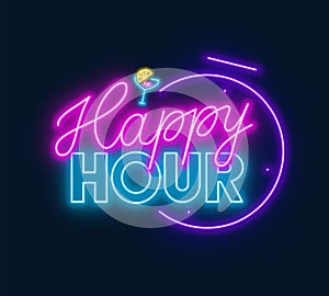 Happy hour neon sign on dark background.