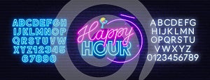 Happy hour neon sign on dark background.