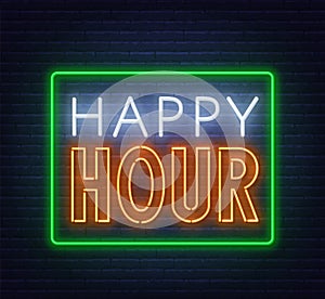 Happy hour neon sign on dark background.