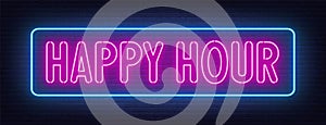 Happy hour neon sign on dark background.