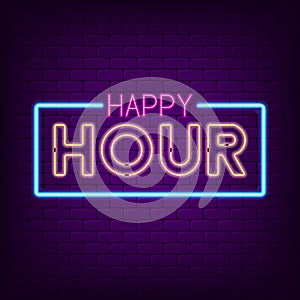 Happy hour neon sign. Night bright advertising neon signboard. Vector.