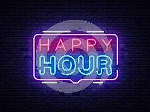 Happy Hour neon sign vector design template. Happy Hour neon logo, light banner design element colorful modern design