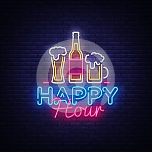 Happy Hour neon sign vector. Happy Hour Design template neon sign, Night Dinner, celebration light banner, neon