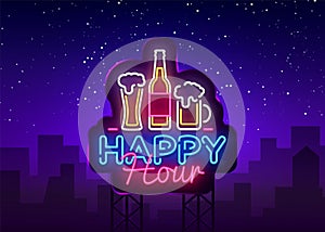 Happy Hour neon sign vector. Happy Hour Design template neon sign, Night Dinner, celebration light banner, neon