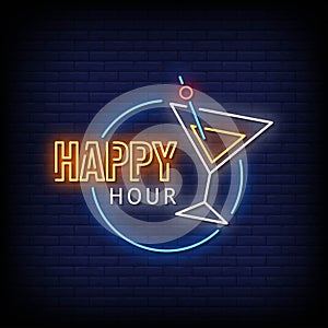 Happy Hour Neon Signboard On Brick Wall