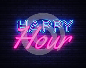 Happy Hour Neon Text Vector. Happy Hour neon sign, design template, modern trend design, night neon signboard, night