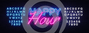 Happy Hour Neon Text Vector. Happy Hour neon sign, design template, modern trend design, night neon signboard, night