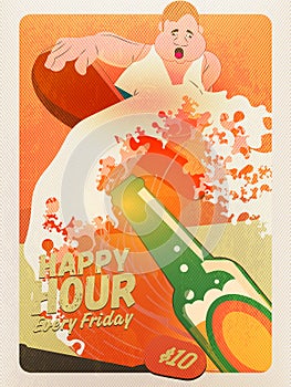 Happy Hour offer flyer template with beer bottle, fat man surfer, beer splashes on colorful grunge background.