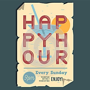 Happy Hour Typographic Poster Design With Ragged Paper Effect