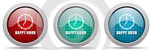 Happy hour vector icon set, glossy web buttons collection