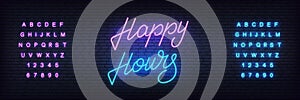 Happy hours neon vector lettering. Glowing night bright sign for cafe, bar, restaurant advertisement