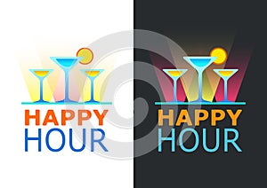 Happy hours poster. Vector illustration in sketch style for bar. Drink menu for celebration. Special offer