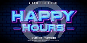Happy hours text, neon style editable text effect