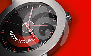 Happy hours watch over red background with copy space on the right side