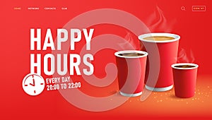 Happy hours web banner for coffee shop with paper cups to go woth americano and cappuccino, label with clock icon