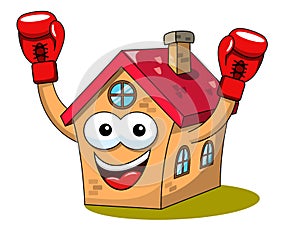 Happy house cartoon funny character boxer gloves isolated