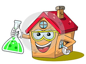 Happy house cartoon funny character chemist scientist cruet isolated photo