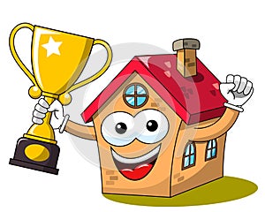 Happy house cartoon funny character cup winner champion isolated