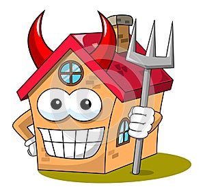Happy house cartoon funny character devil trident isolated