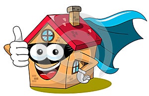 Happy house cartoon funny character superhero masked isolated