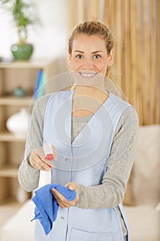 happy housekeeper using spray detergent