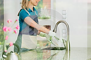 Happy housekeeper washes a plate photo
