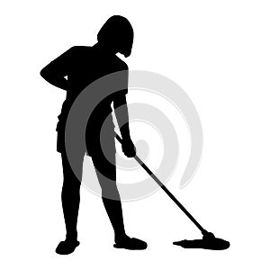 Happy housewife is cleaning the floor with mob silhouette vector