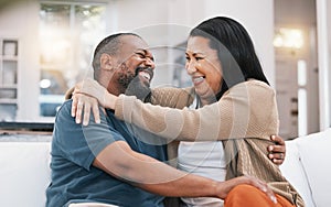 Happy, hug and mature couple on sofa in living room for bonding, healthy relationship and marriage. Love, home and happy