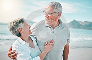 Happy, hug or old couple laughing on beach with love, care or support on summer vacation in nature. Retirement, mature