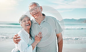 Happy, hug or portrait of old couple on beach with love, care or support on summer vacation holiday in nature