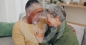 Happy, hug and senior couple at home in marriage and retirement with love, support and care. House, living room and