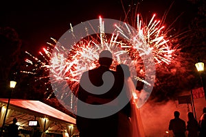 Contento ettaro abbracciato sposa un sposo tracciamento bellissimo colorato fuochi d'artificio notte il cielo 