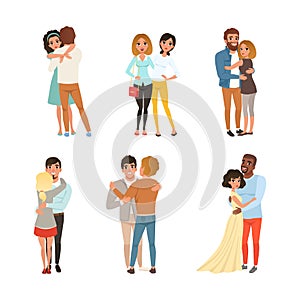 Happy hugging couples in love set. Lesbian, homosexual and heterosexual people vector illustration