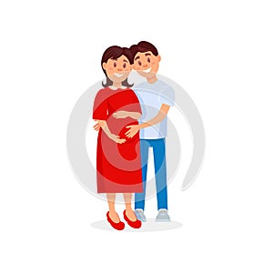 Happy husband hugging his pregnant wife. Family couple expecting baby born. Young woman and man in casual outfit