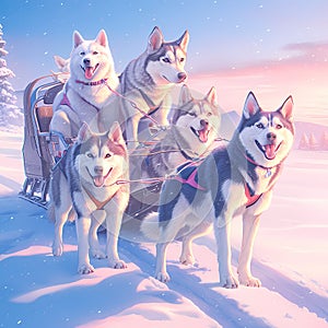 Happy Husky Dogs Sled Team in Winter Wonderland